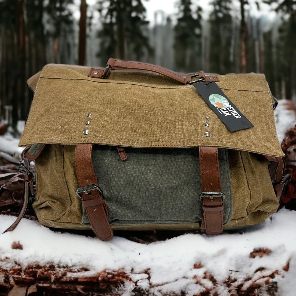 Mona B Large Olive Green and Brown Canvas Satchel Crossbody Bag